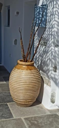 a vase with branches in it sitting on a floor at Idothea guest house in Amorgos