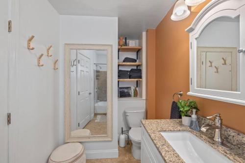 a bathroom with a sink and a toilet and a mirror at Rare City Home w/ Backyard Fire-pit & Hottub in Lancaster