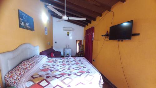 Schlafzimmer mit einem Bett und einem Flachbild-TV in der Unterkunft Hospedaje Luque in Luque