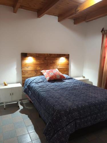 1 dormitorio con 1 cama con cabecero de madera en Departamento Cómodo e impecable en Tunuyán a metros de restaurantes , acceso a Manzano historico - capacidad 4 personas en Tunuyán