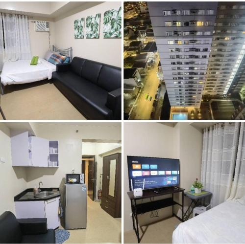 three pictures of a room with a bed and a room with a television at Avida Davao Condos, downtown CM Recto Avenue, Davao City in Davao City