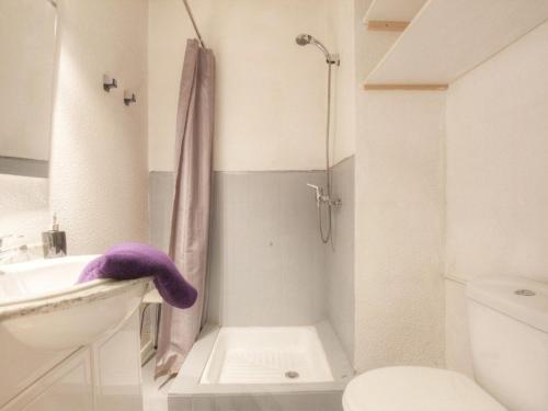 La salle de bains est pourvue d'un lavabo, de toilettes et d'une douche. dans l'établissement Appartement Saint-Chaffrey , 1 pièce, 2 personnes - FR-1-330E-65, à Serre Chevalier