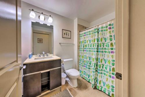 a bathroom with a sink and a toilet and a shower curtain at Cozy St Louis Apartment Less Than 4 Mi to Downtown! in Tower Grove