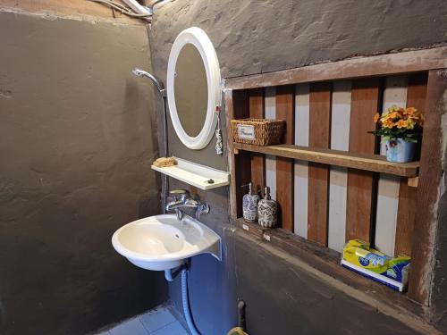 La salle de bains est pourvue d'un lavabo et d'un miroir. dans l'établissement 池上鄉屋 寵物友善民宿, à Chishang