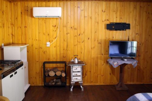 a kitchen with a wooden wall with a tv on it at Cabana na Serra Gaúcha! in Picada Cafe