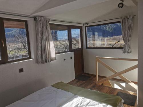 1 dormitorio con 2 ventanas y 1 cama. en Ергини en Dobrinishte