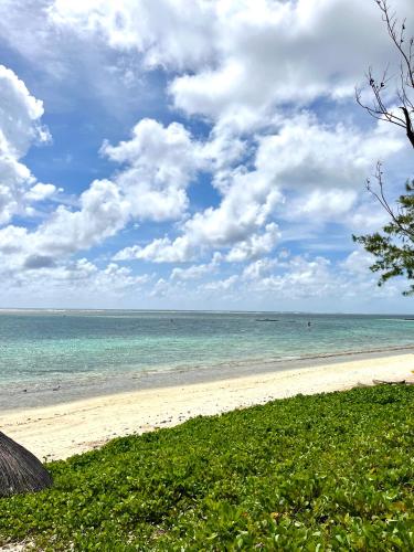 a beach with the ocean and a blue sky and clouds at Tropical beachfront apartment in Belle Mare