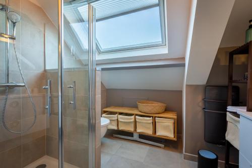 a bathroom with a shower and a toilet and a skylight at La closerie des Courtines in Saint-Gervais-la-Forêt