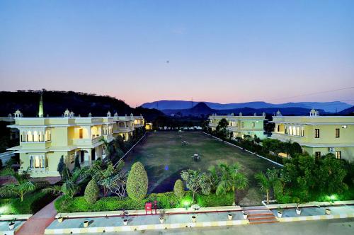 an aerial view of a building with a large courtyard at Padmini Bagh Resort by Inventree, Udaipur in Udaipur