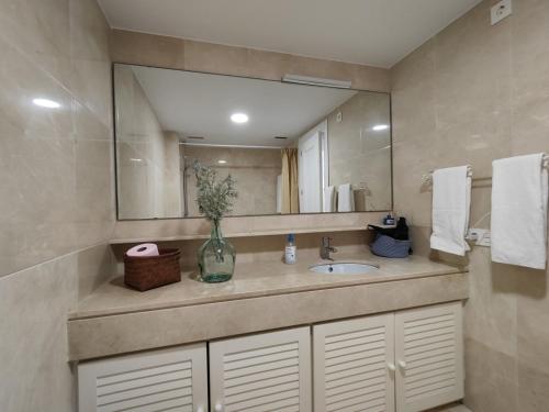 uma casa de banho com um lavatório e um espelho grande em Estudio Puerto de Sotogrande em San Roque