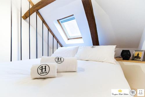 Una cama blanca con dos almohadas encima. en Haut 30 en Saint-Amand-les-Eaux