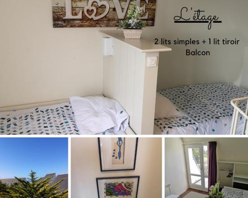 un collage de photos d'une chambre avec un lit dans l'établissement Maisonnette T2 Bord de mer Guidel Plage, à Guidel