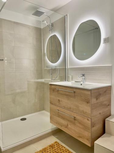 une salle de bain avec un lavabo, une douche et un miroir dans l'établissement L'Air des Falaises - appartement confort Tréport, au Tréport