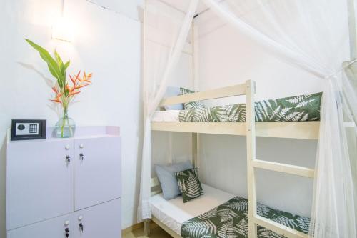 a room with bunk beds with a ladder at BunkyDew in Galle