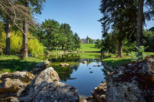 un étang dans un parc avec des arbres et un château en arrière-plan dans l'établissement Château de Sibra, à Lagarde