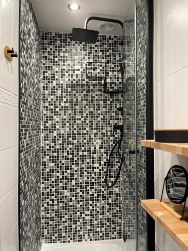 a bathroom with a shower with black and white tiles at Piotrkowska2828 apartament. in Łódź