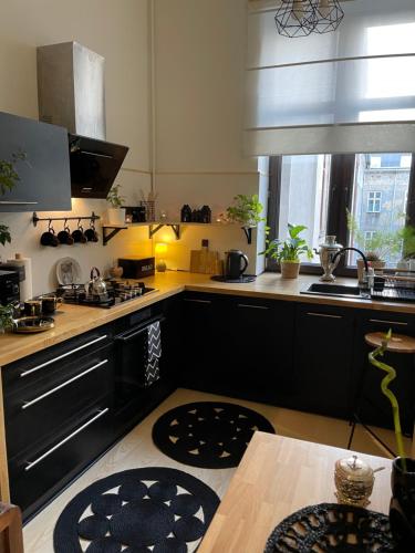 a kitchen with black cabinets and a stove top oven at Piotrkowska2828 apartament. in Łódź