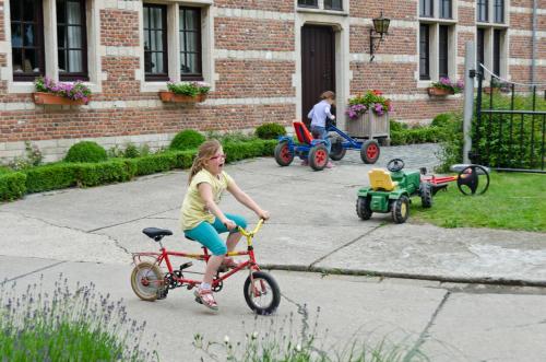 a young girl riding a bike in a yard with toy cars at B&B Euverbraeke in Beveren
