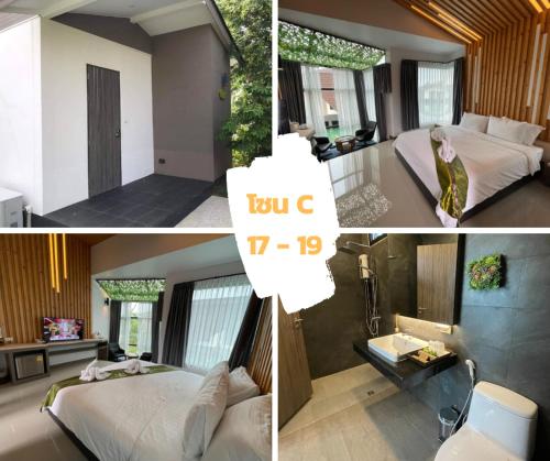 a collage of four pictures of a hotel room at Boat House Boutique Riverside in Talat Amphoe Nakhon Chai Si