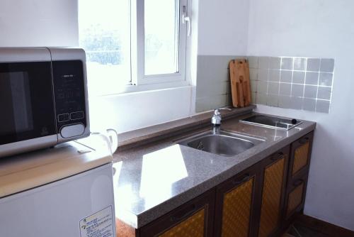 a kitchen with a sink and a microwave at Ever Rose Pension in Namhae