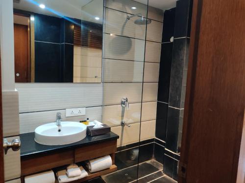 y baño con lavabo y espejo. en Wood Creek Resort & Spa Kasauli en Kasauli