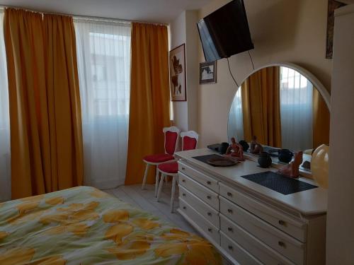 a bedroom with a bed and a sink and a mirror at Two Bedroom Apartment Farmec in Cluj-Napoca