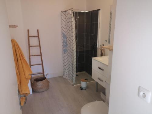 uma casa de banho com um chuveiro e uma escada. em T2 tout neuf avec Parking à 10km d'Aix et Marseille em Septèmes-les-Vallons