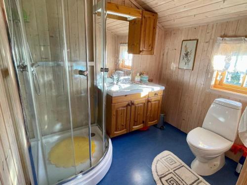ein Bad mit einer Dusche, einem WC und einem Waschbecken in der Unterkunft Holiday home hatlestrand in Hatlestrand