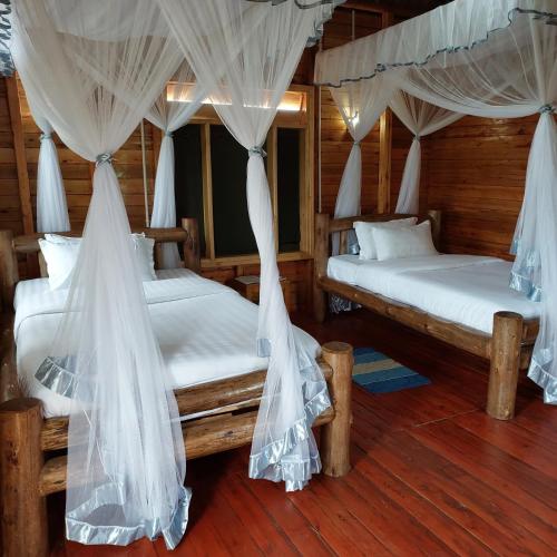two beds in a room with mosquito nets at Engiri Game Lodge and Campsite in Katunguru