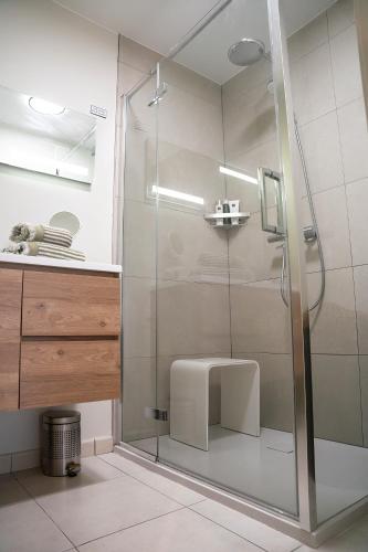 a shower with a glass door in a bathroom at Rising Sun Westende in Middelkerke
