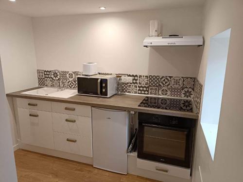 une petite cuisine avec un micro-ondes et une cuisinière dans l'établissement La maison du voisin, à Thenay