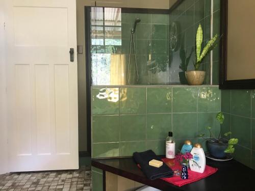 ein Badezimmer mit grünen gefliesten Wänden und einem Waschbecken in der Unterkunft Freida - Historic Farmhouse Bellingen in Gleniffer