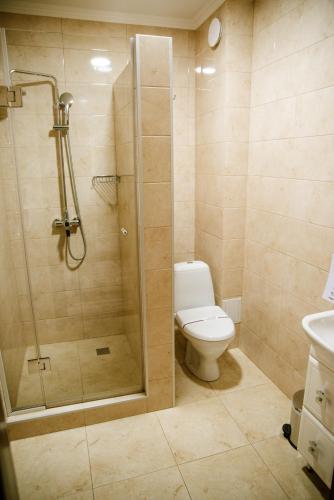 a bathroom with a shower with a toilet and a sink at Continental SPA Resort in Bukovel