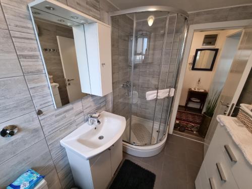 a bathroom with a sink and a shower and a toilet at Apartment Blaoss in Karlovac