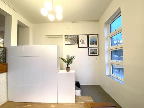 ヨーテボリにあるApartment Aekta Studio 3 Gothenburgの白いキャビネットの上に植物を植えた白い部屋