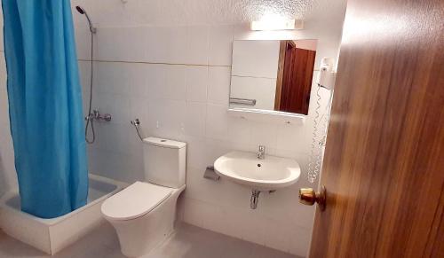 a small bathroom with a toilet and a sink at Hotel Pashos in Kriopigi