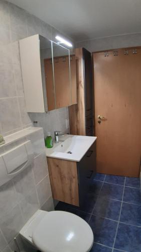 a bathroom with a white toilet and a sink at Appartement am Rondell in Hösbach