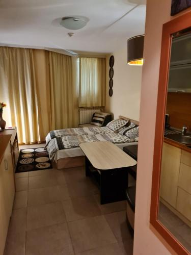 a small hotel room with a bed and a table at Borovets Holiday Apartments - Different Locations in Borovets in Borovets