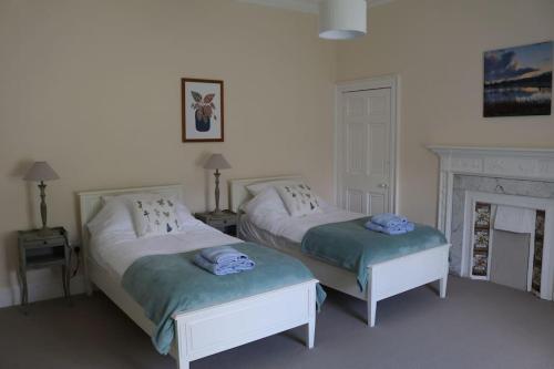 a bedroom with two beds and a fireplace at Oldwood. Fyvie. in Turriff