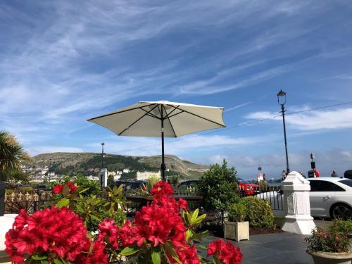 a white umbrella and red flowers on a patio at Swn Y Mor in Llandudno