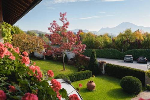 a view of a garden with trees and bushes at Hotel Gasthof Brandstätter in Salzburg