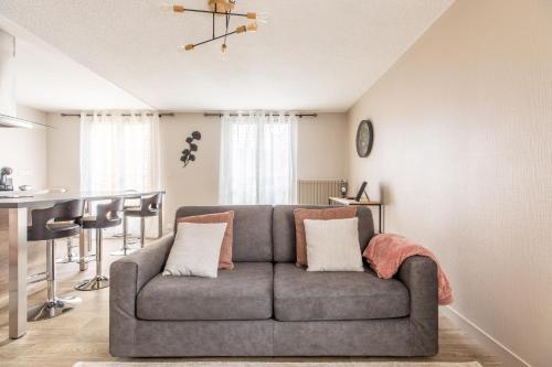 a living room with a gray couch with pillows at L'adorable Confort & Central in Clermont-Ferrand