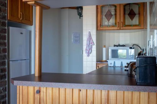 a kitchen with a counter top and a refrigerator at Kormorant in Gansbaai