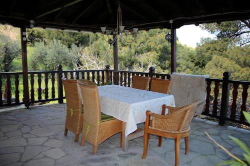 una mesa y sillas en un porche con vistas a los árboles en Erika View, en Agios Nikolaos