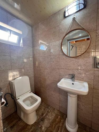 a bathroom with a toilet and a sink and a mirror at Lakeside Garden - Ismayilli Guest house in İsmayıllı