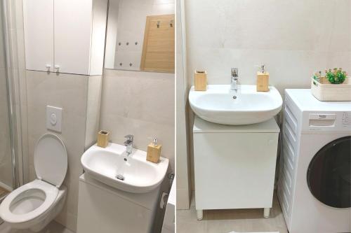 2 zdjęcia łazienki z toaletą i umywalką w obiekcie Silver Apartment w mieście Pale