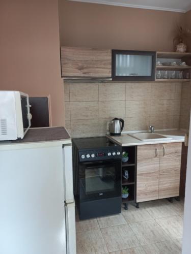 a kitchen with a black stove and a sink at Guest House Dani in Pomorie