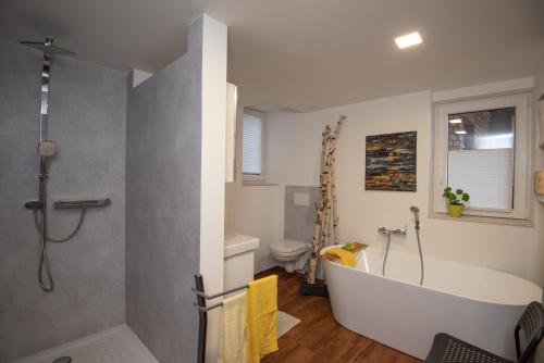 bagno con vasca e servizi igienici di Ferienwohnung Eliese in Suhl a Suhl