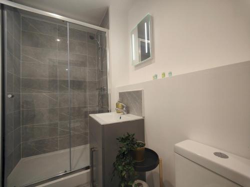 een badkamer met een douche, een wastafel en een toilet bij Pass the Keys Newly Built Modern Central Apartment in Wolverhampton