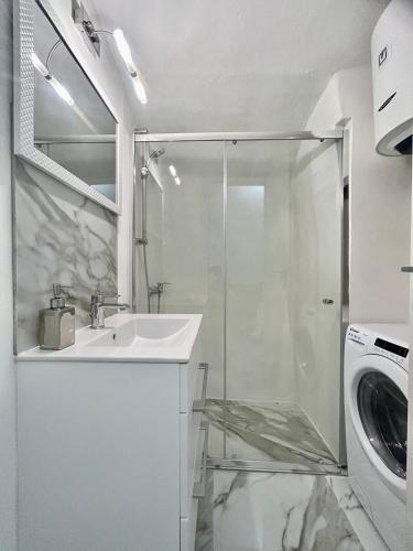 a bathroom with a shower and a sink and a washing machine at Cave House Apartment in Menton